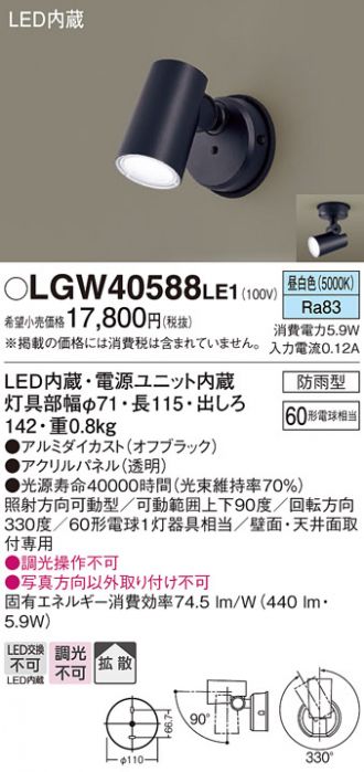 パナソニック LEDスポットライト 天井直付型・壁直付型 拡散タイプ 防